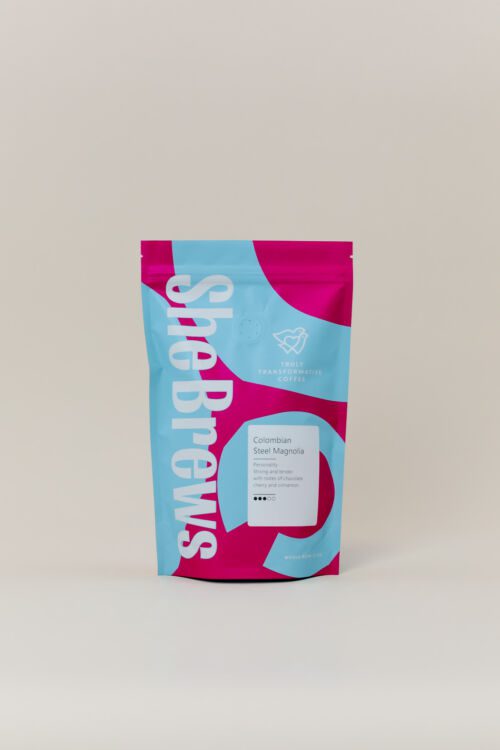 SheBrews Colombian Steel Magnolia coffee bag, 12oz front view