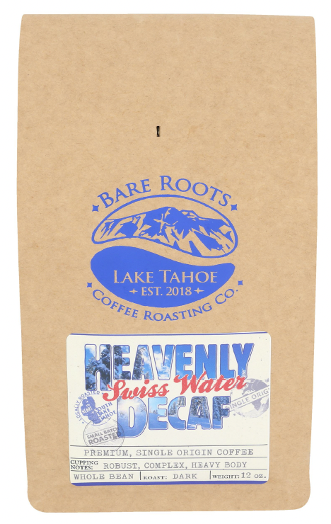 Front of Bare Roots Coffee Heavenly Swiss Water Decaf bag – dark roast whole bean, South Lake Tahoe roasted.