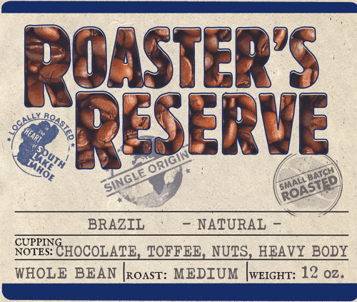 Front label of Bare Roots Coffee Roaster’s Reserve – Brazil single-origin medium roast with notes of chocolate, toffee, and nuts