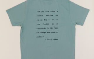 Back of teal She Brews t-shirt featuring Paul of Tarsus freedom quote
