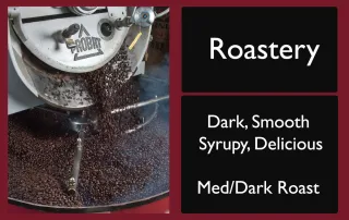 rocky-mountain-roastery-dark-smooth-syrupy-coffee-label-unsung-roasters Roastery coffee label showing coffee beans pouring from a commercial roaster.