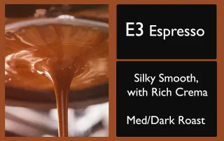 rocky-mountain-roastery-e3-espresso-coffee-label-unsung-roasters E3 Espresso coffee label showing rich crema pouring from an espresso shot, highlighting smooth texture.