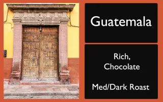 rocky-mountain-roastery-guatemala-rich-chocolate-coffee-label-unsung-roasters Guatemala coffee label with ornate wooden door and vibrant yellow wall, symbolizing rich, chocolatey flavor.