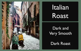 rocky-mountain-roastery-italian-roast-dark-smooth-coffee-label-unsung-roasters Italian Roast coffee label with classic European street and colorful scooters.