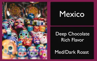 Mexico coffee label featuring colorful Mexican skull figurines and roast details.