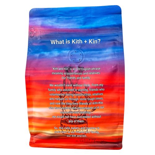 Back panel of Kith + Kin coffee bag sharing the roaster’s story and inspiration behind the name.