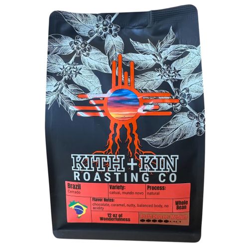 Kith + Kin Brazil Cerrado coffee bag with red label and medium roast details.