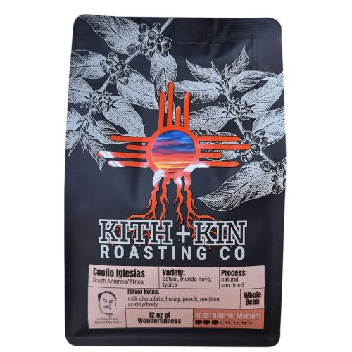 Kith + Kin Coolio Iglesias coffee bag with light peach label, featuring origin and tasting notes.