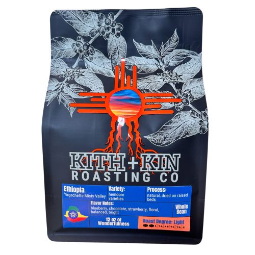 Kith + Kin Ethiopia Yirgacheffe coffee bag with blue label and light roast details.