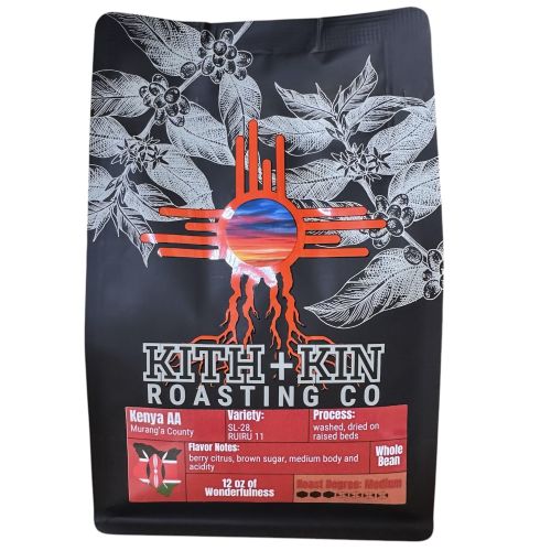 Kith + Kin Kenya AA coffee bag with red label featuring origin, variety, and tasting notes.