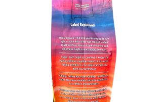 kith-kin-coffee-label-explained-back-12oz-unsung-roasters. Back of Kith + Kin coffee bag explaining roast degree, origin, variety, process, and flavor notes.