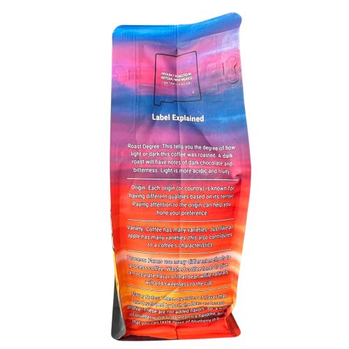 Back of Kith + Kin coffee bag explaining roast degree, origin, variety, process, and flavor notes.