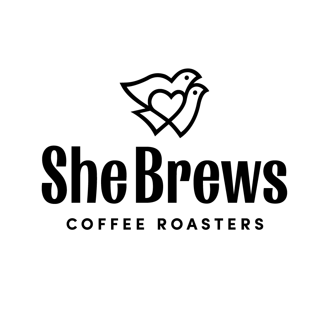 she-brews-coffee-roasters-full-logo-black She Brews Coffee Roasters logo featuring two doves and a heart – women-owned coffee brand