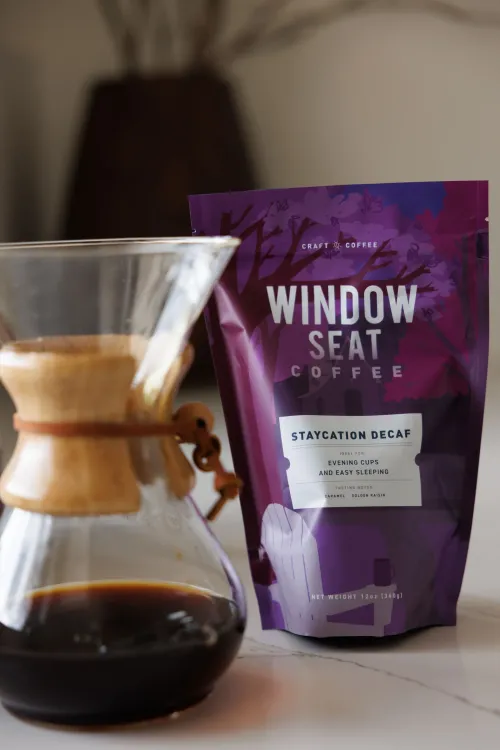 Window Seat Coffee Staycation Decaf brewed in Chemex pour over coffee