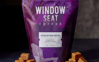 Window Seat Coffee Staycation Decaf coffee with caramel cubes and golden raisins